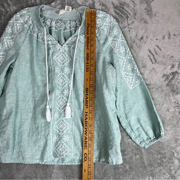 Joie Light Blue 100% Linen Embroidered Peasant Blouse Top Small Lagenlook Tassel - Picture 12 of 14